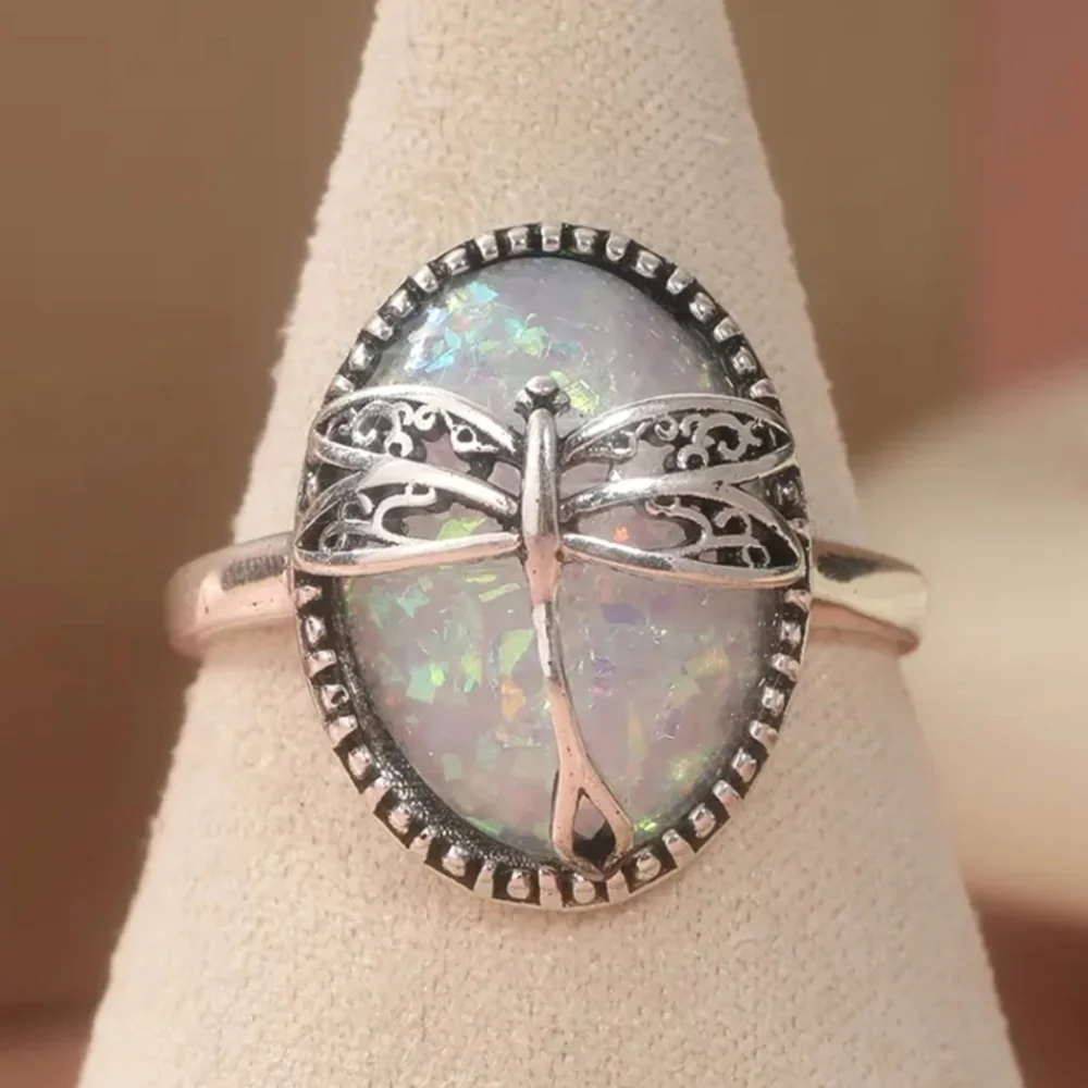 Vintage Elegant Silver Dragonfly Opal Ring Sz 8